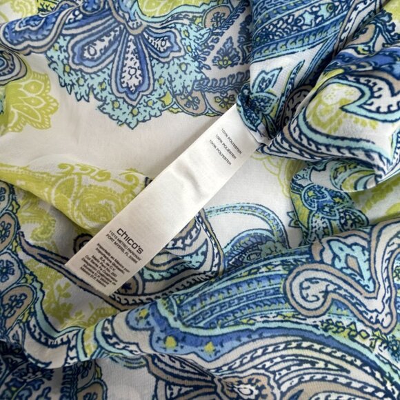 Chico's Womens Long Sleeve V-Neck Paisley Tunic Top Size 3 Blue/Yellow Chiffon - Picture 4 of 8